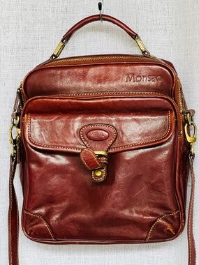 Monsac Bag Crossbody Red Distressed Leather Front Zippered Pocket Top Zipper